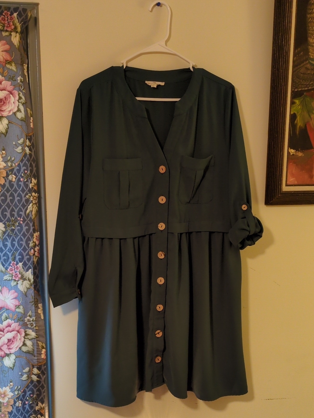 entro Dark Green Button-Front Long Sleeve Dress